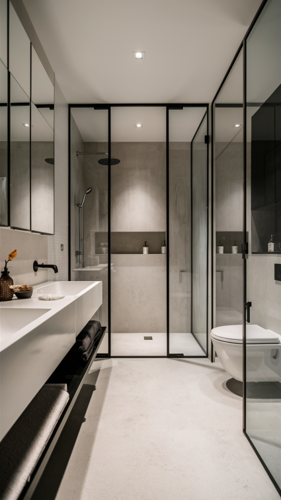 Sleek contemporary bathroom with a floating vanity and frameless glass shower