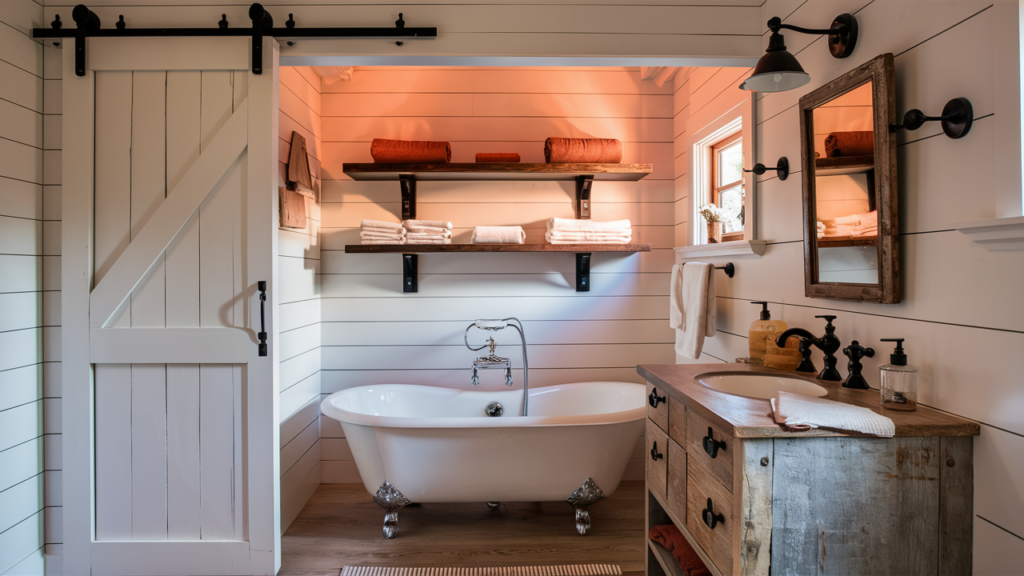 Farmhouse bathroom with shiplap walls, a sliding barn door and a clawfoot tub