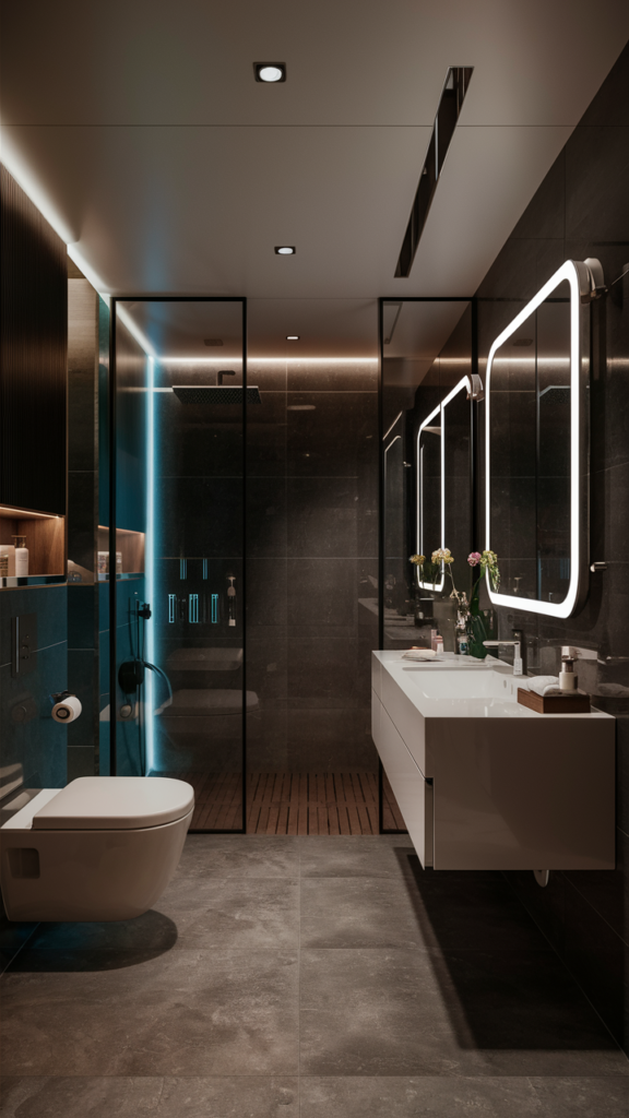 Futuristic high-tech bathroom with smart mirrors and sleek modern finishes