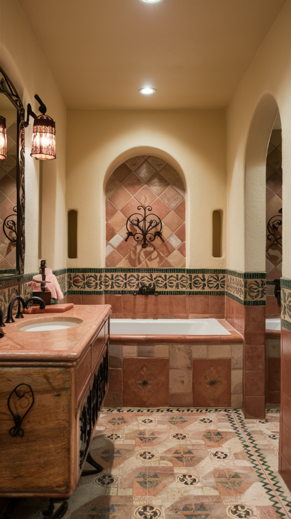Warm Mediterranean-style bathroom with earthy tiles and a mosaic backsplash