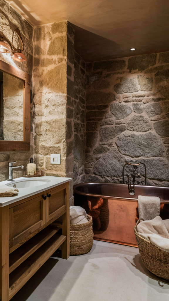 Cozy rustic bathroom with raw stone walls and weathered wood
