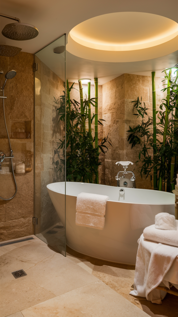Spa-like serene bathroom with natural stone finishes and a rainfall showerhead