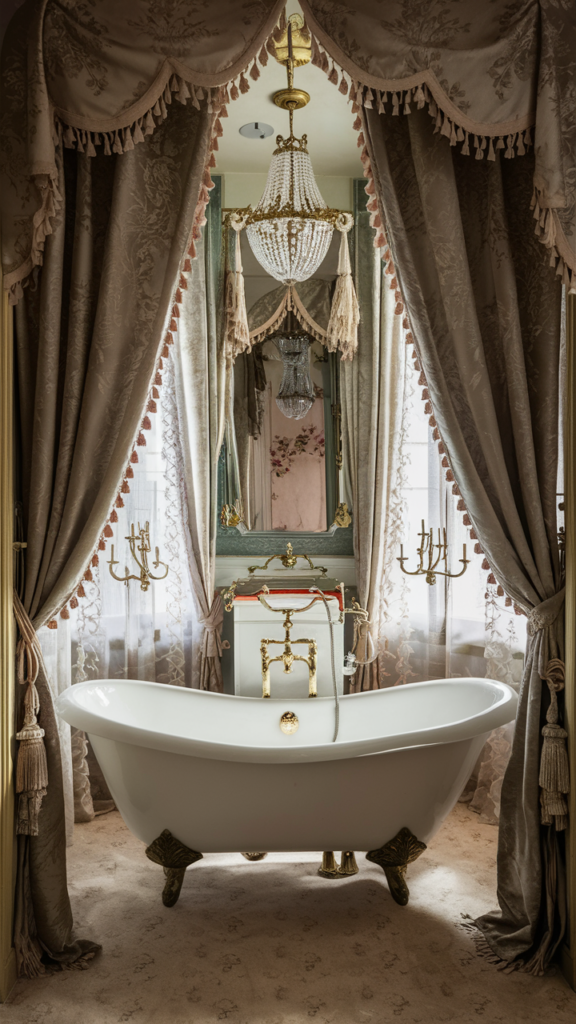 Luxurious vintage Victorian bathroom with a freestanding tub and floral wallpaper