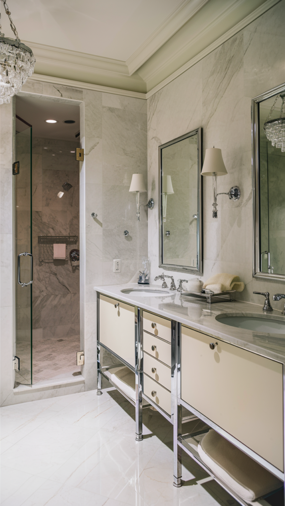 Elegant bathroom featuring polished white marble floors and countertops