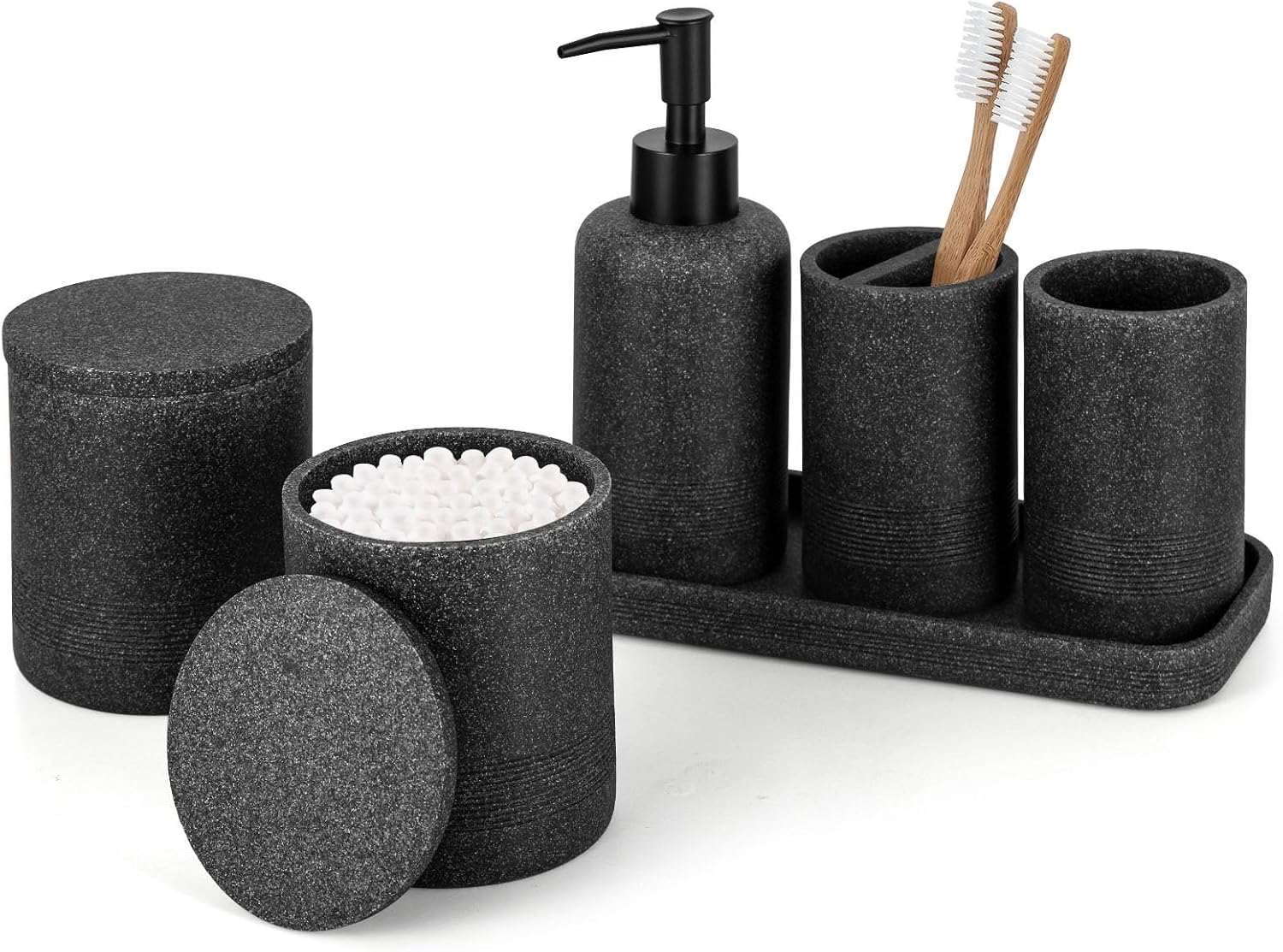 ZCCZ Black Stone Bathroom Accessories Set, 6 Pieces, Countertop Organizer