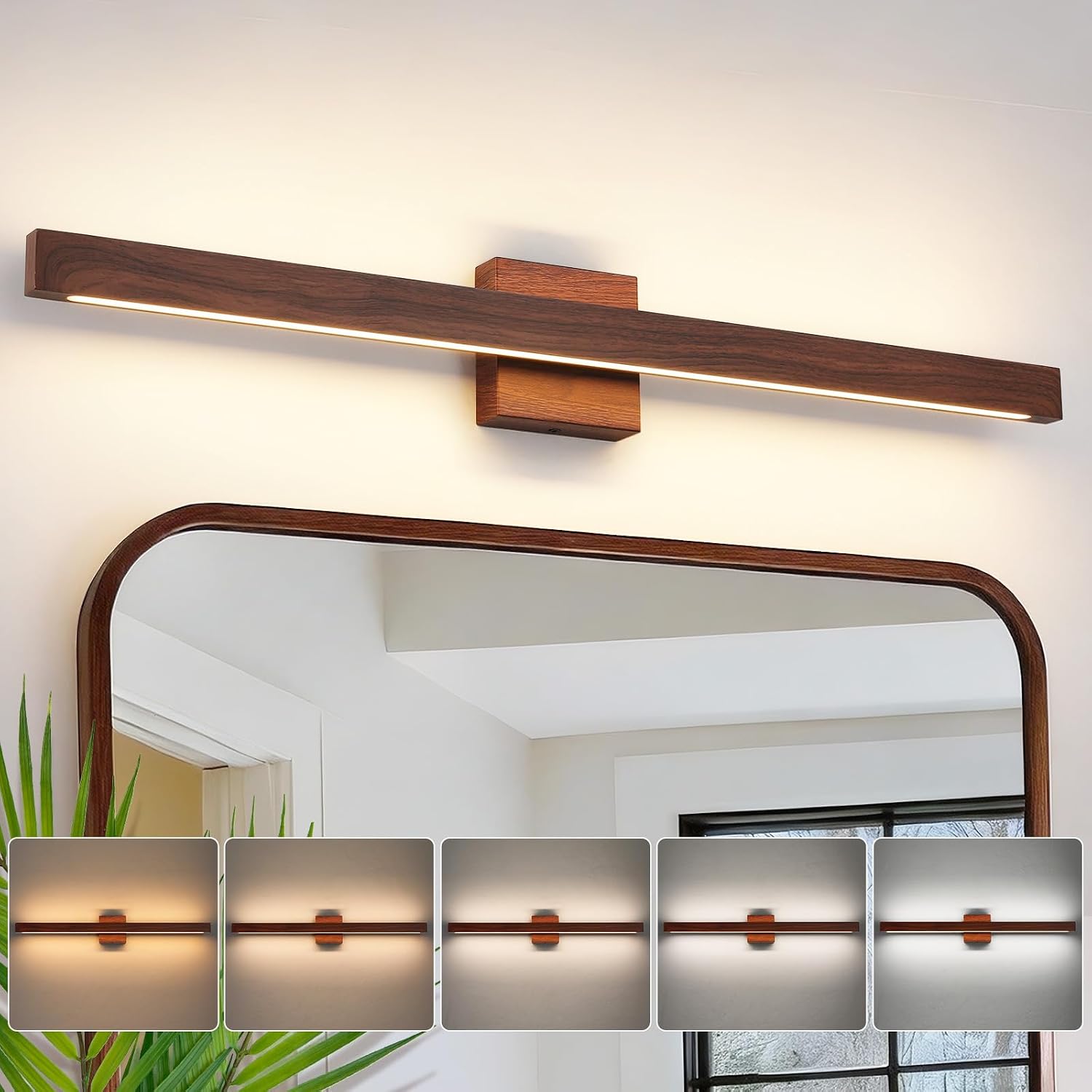 Modern Bathroom Light Fixtures Over Mirror, 32 Inch Brown Wood Finish Vanity Light Bar