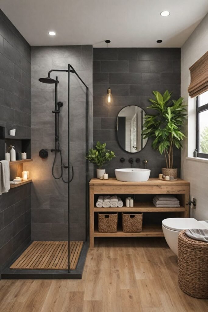 Moody dark bathroom with a wood vanity, walk-in shower and warm lighting