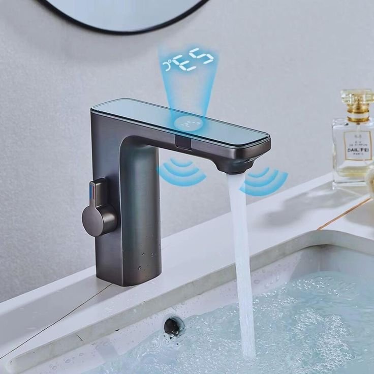 Touchless brass bathroom faucet with a built-in LED temperature display