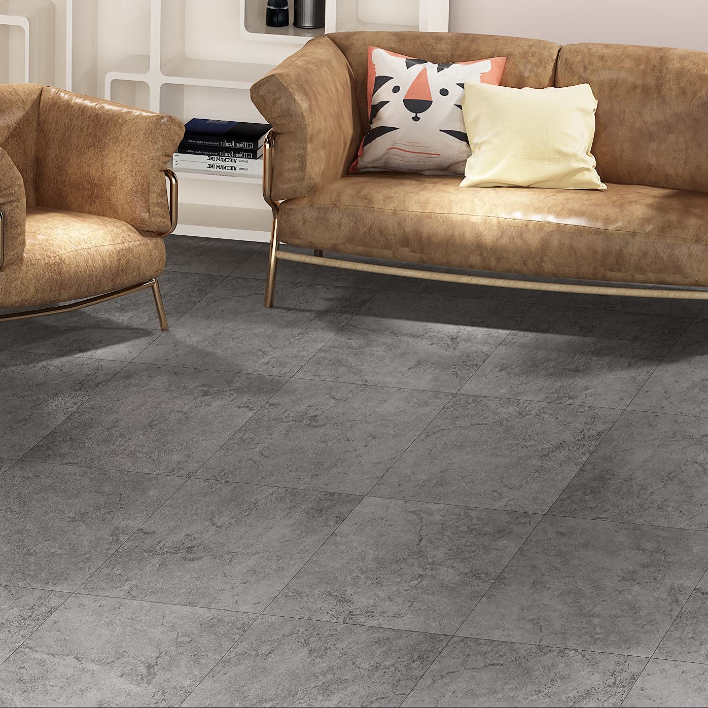 Livelynine 32-Pack Cement Slate Peel and Stick Floor Tile, Waterproof, Gray