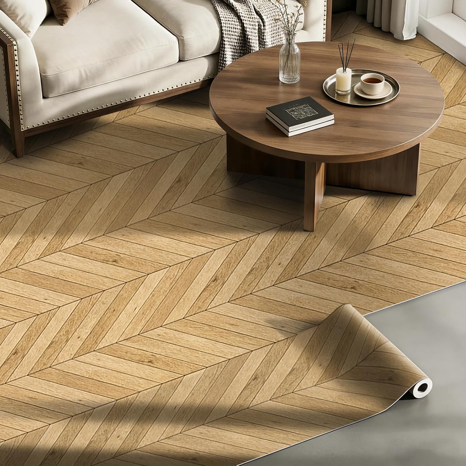 Peel and Stick Flooring Roll, Natural Look, Herringbone, 78.8