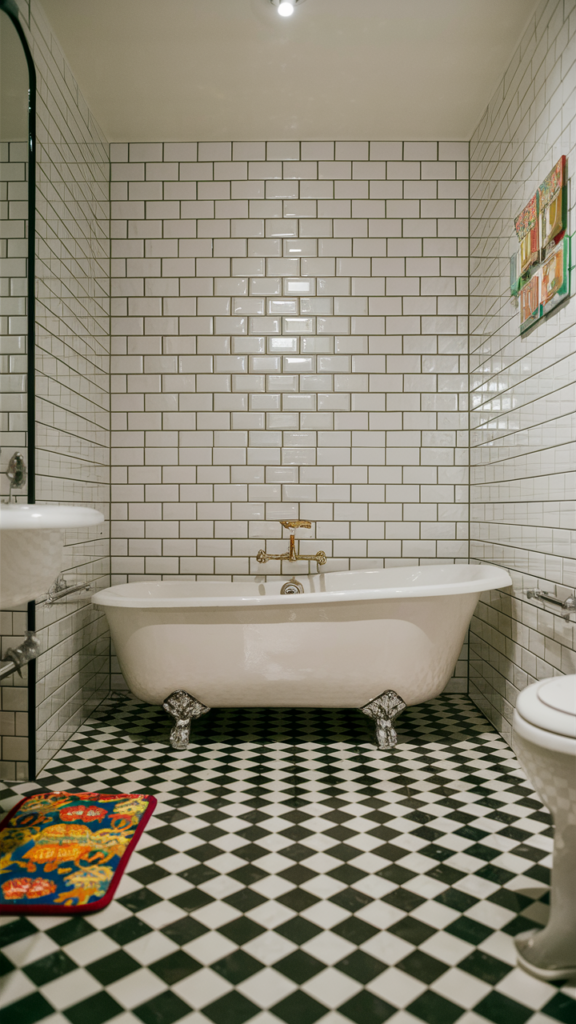 Black-and-white checkered tile bringing retro charm to the bathroom