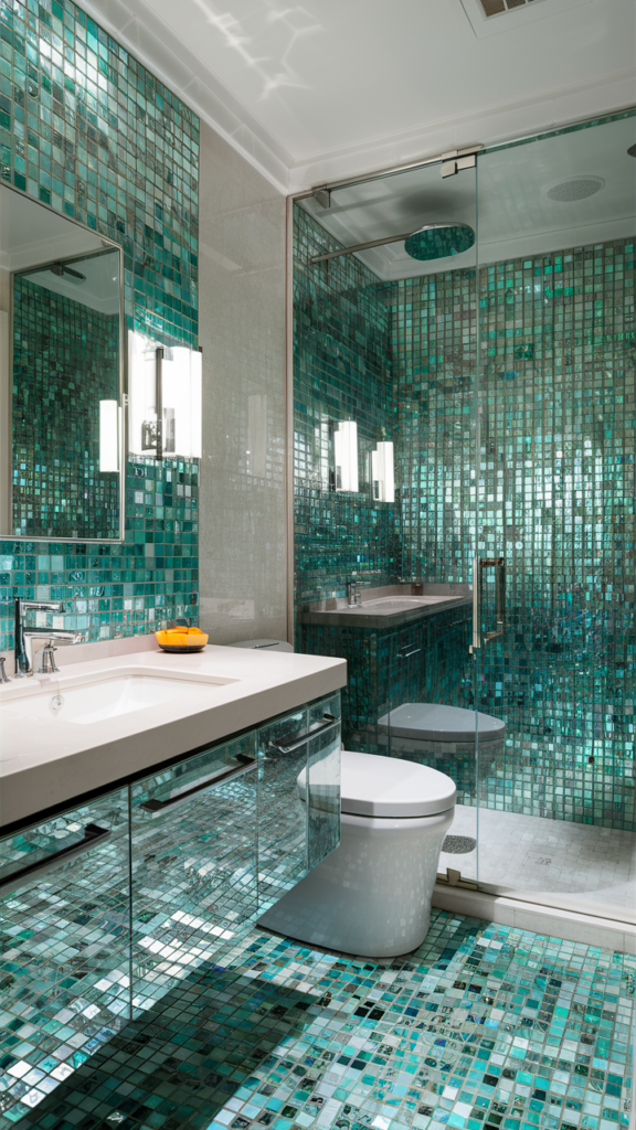 Shimmering glass mosaic tile adding shine and glamour to the floor