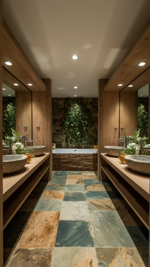 Natural stone flooring creating a spa-inspired bathroom atmosphere