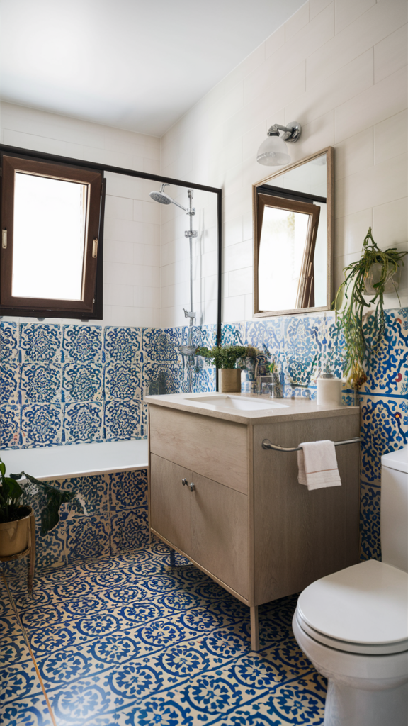 Bold patterned tile making the floor the room's focal point
