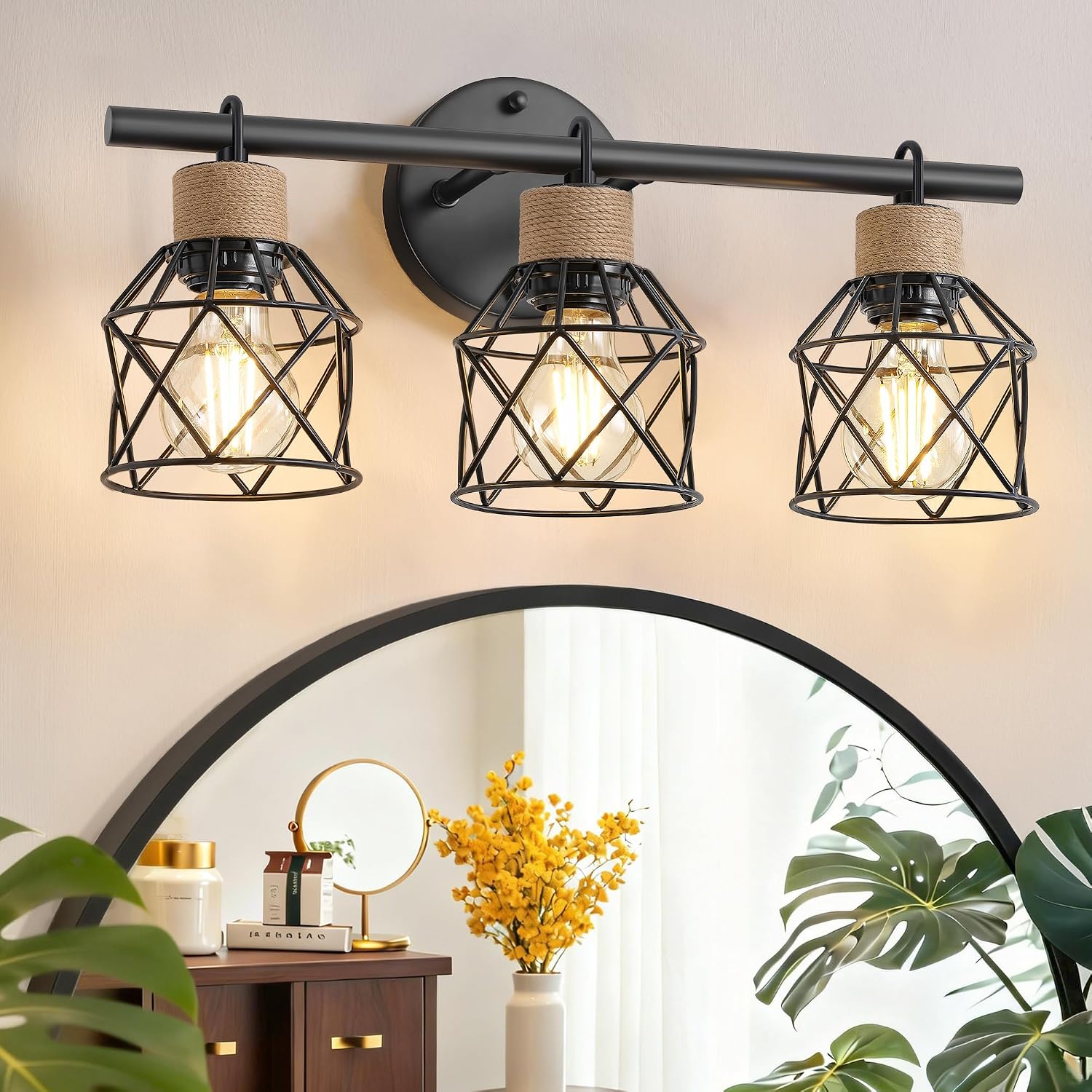 3-Light Farmhouse Bathroom Vanity Light Fixtures, Matte Black, Metal Cage Lampshade