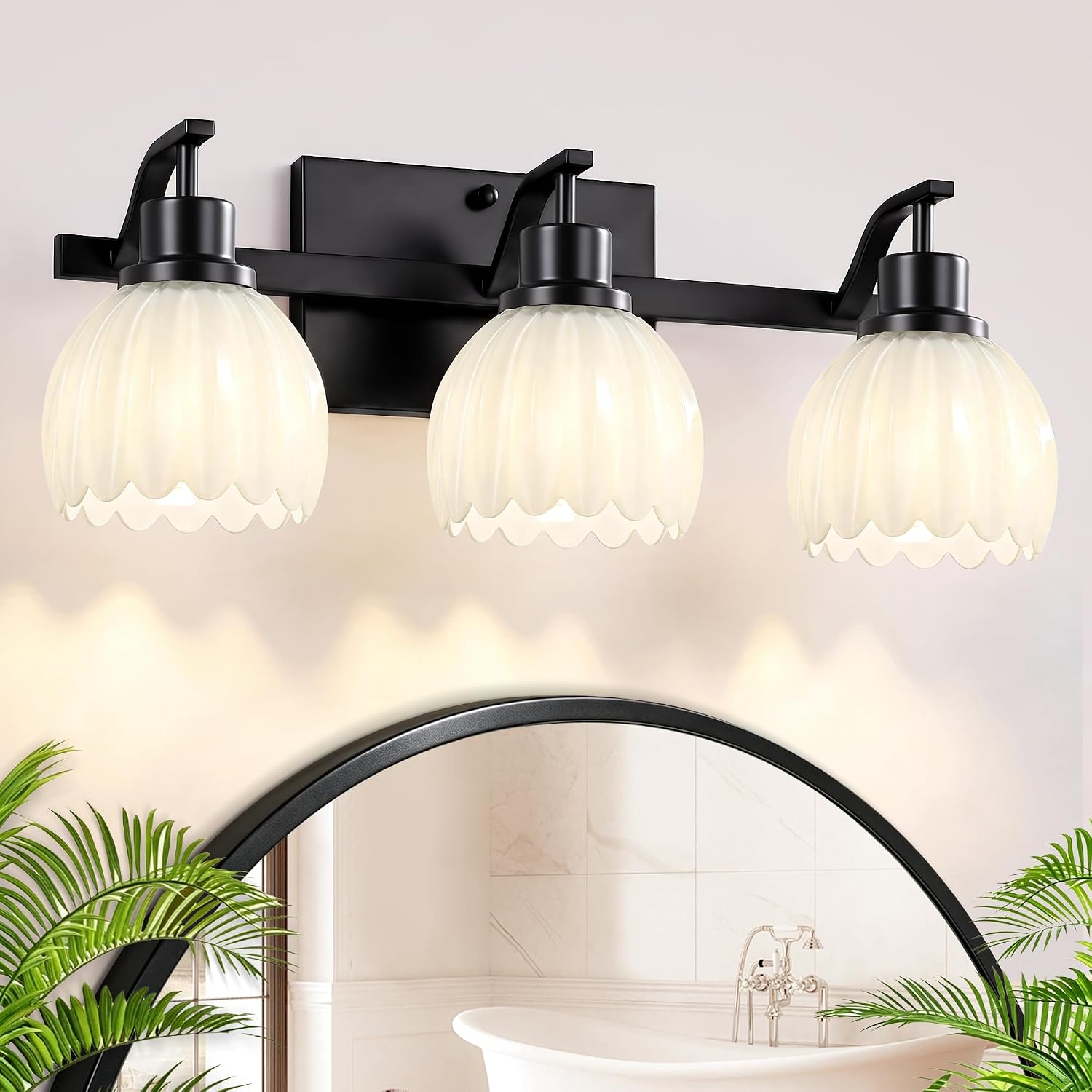 3-Light Black Bathroom Vanity Light, Milk White Tulip Glass Shades