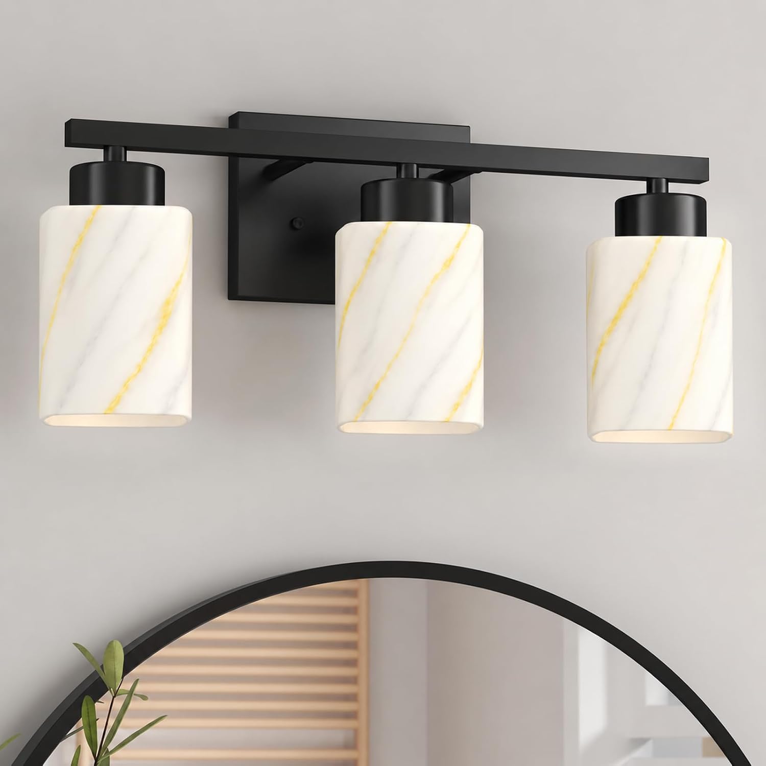 3-Light Bathroom Light Fixture, Square Marble Glass, Matte Black