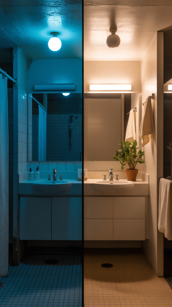 Bathroom demonstrating lighting setup avoiding common mistakes