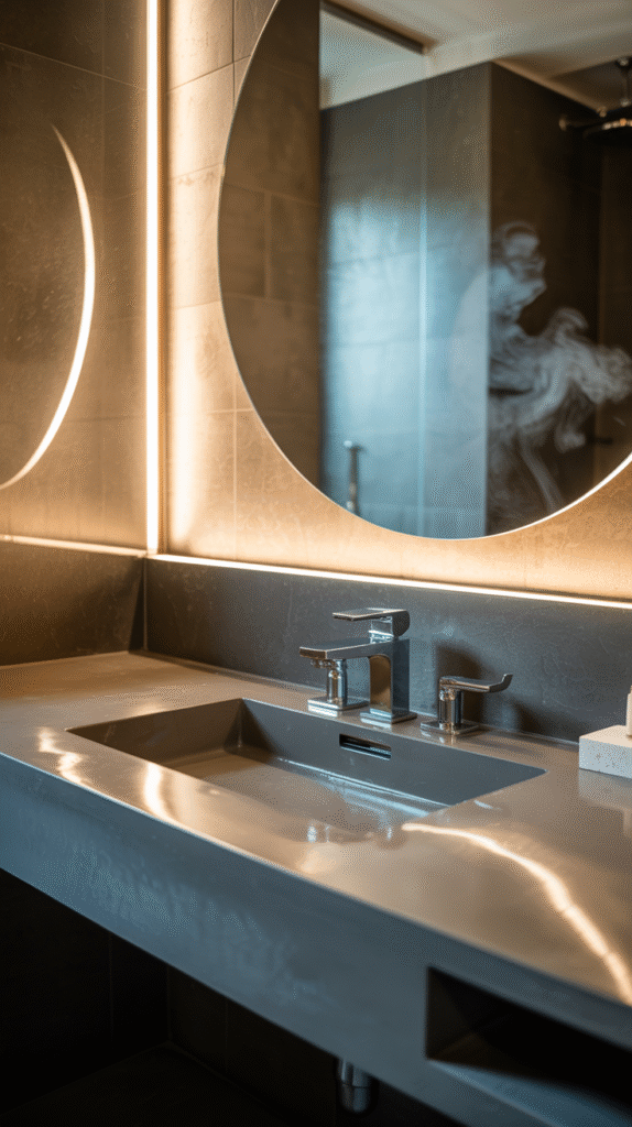 LED strip lighting adding subtle accent illumination to a bathroom