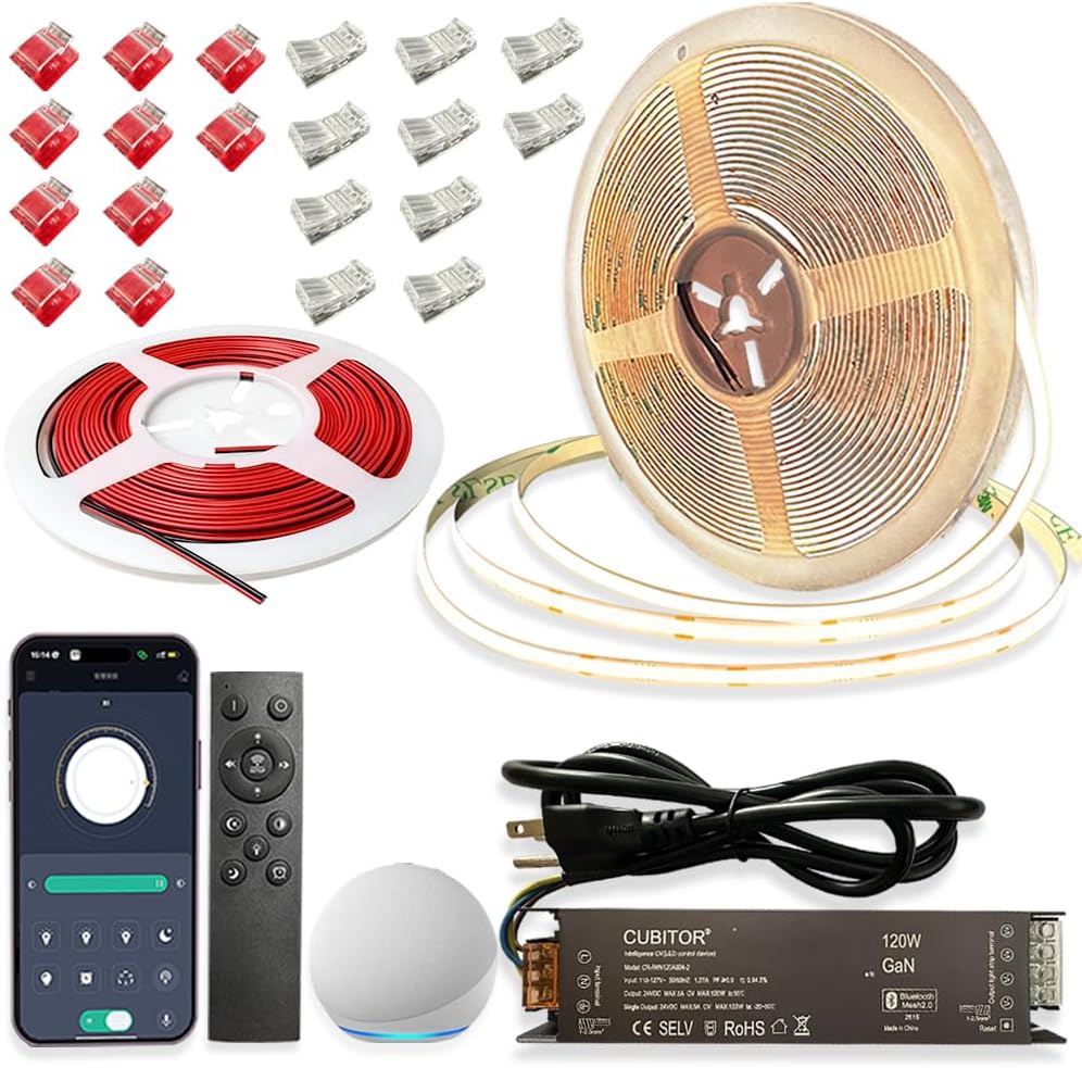 CCT COB LED Strip Light Kit, 32.8ft, Dimmable & Cuttable, Smart App/Remote Control