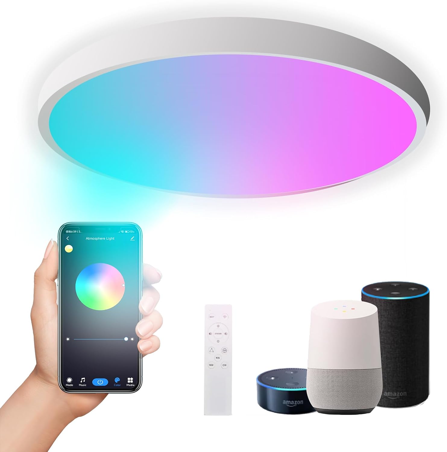 Smart LED Ceiling Light, Works with Alexa and Google Home, RGBCW Color Changing