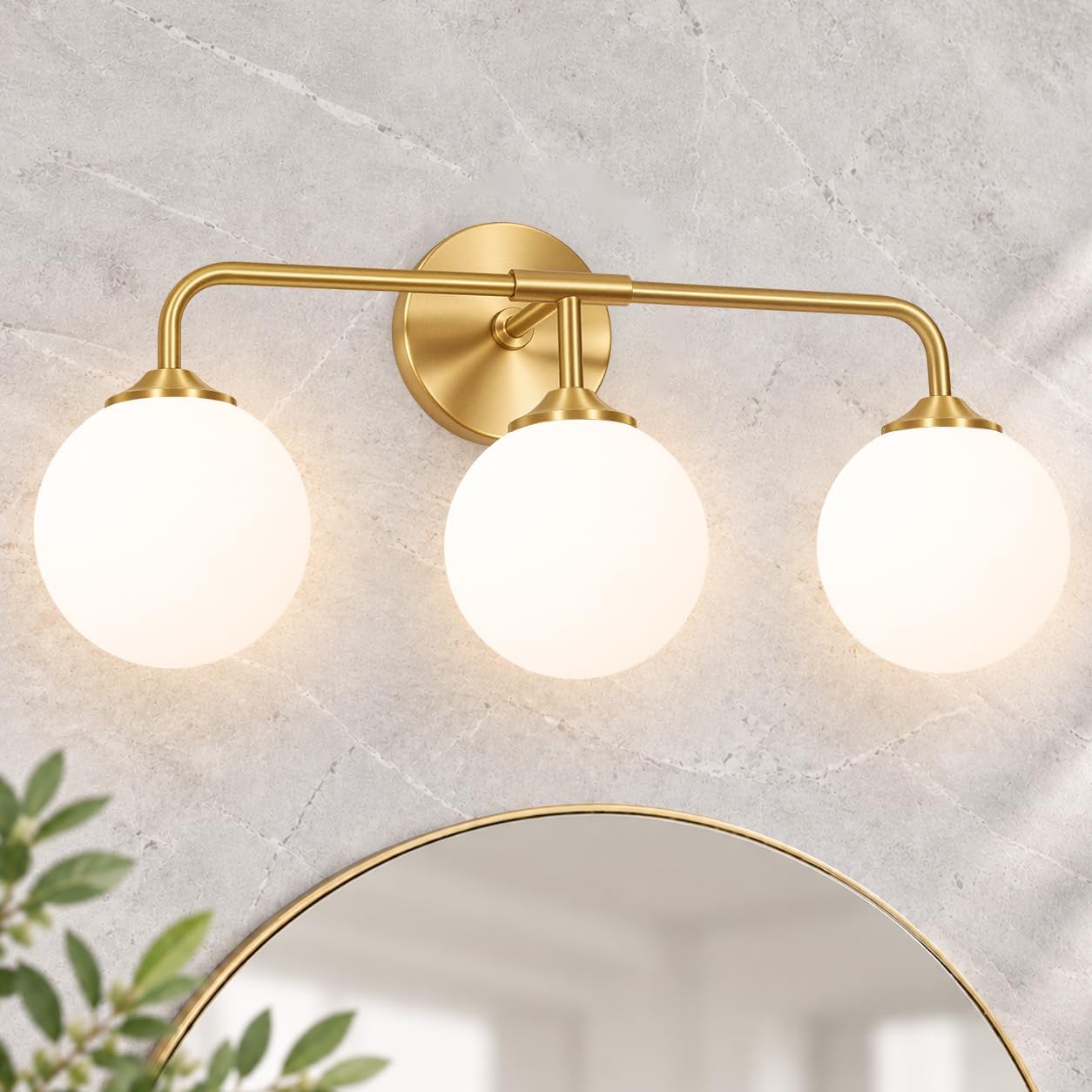 Daunton Brushed Gold Bathroom Light Fixture, 3-Light Vanity Light, Milk White Glass