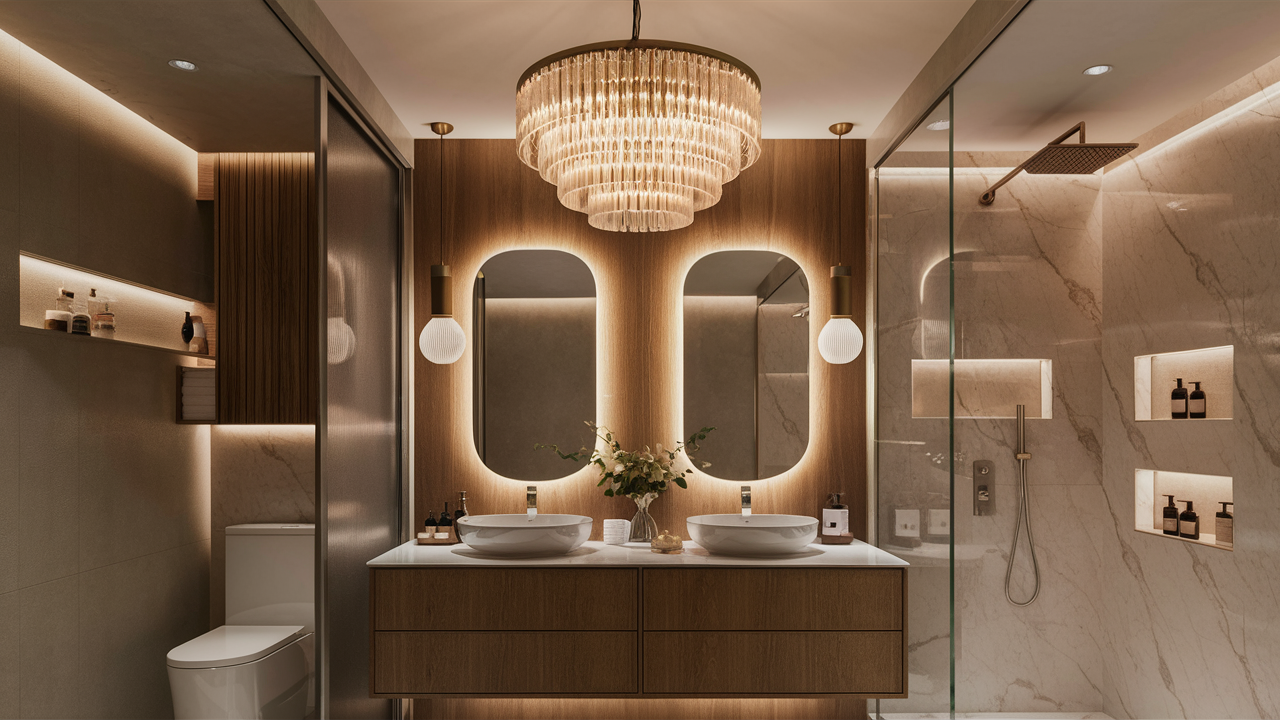 Stylish modern bathroom with a mix of layered lighting