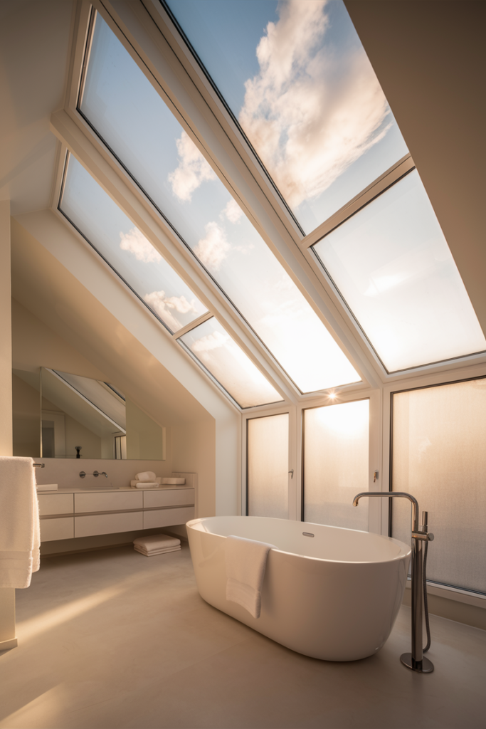 Serene spacious bathroom illuminated by a beautiful skylight