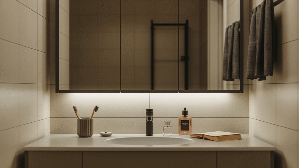 Properly sized mirror cabinet suited to the bathroom's scale