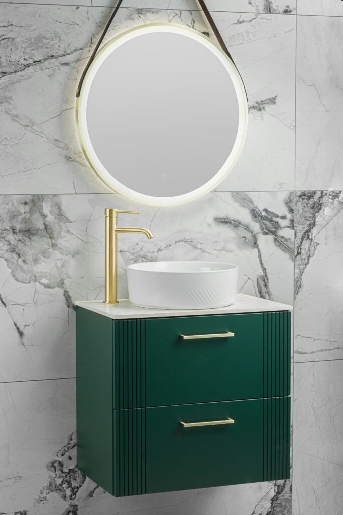 Bold eclectic mirror cabinet serving as a bathroom statement piece