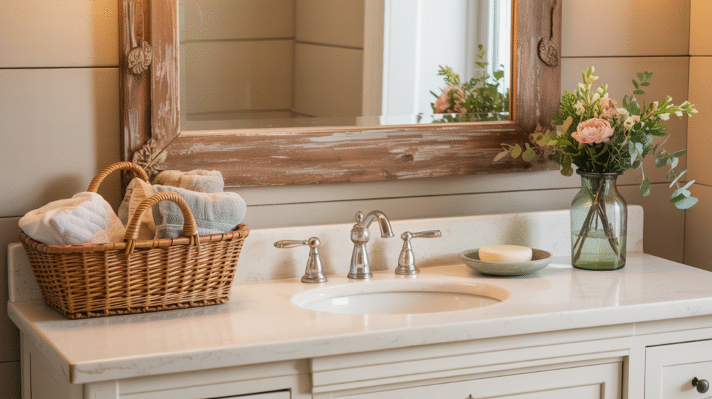 Farmhouse-style mirror cabinet with warm wood framing