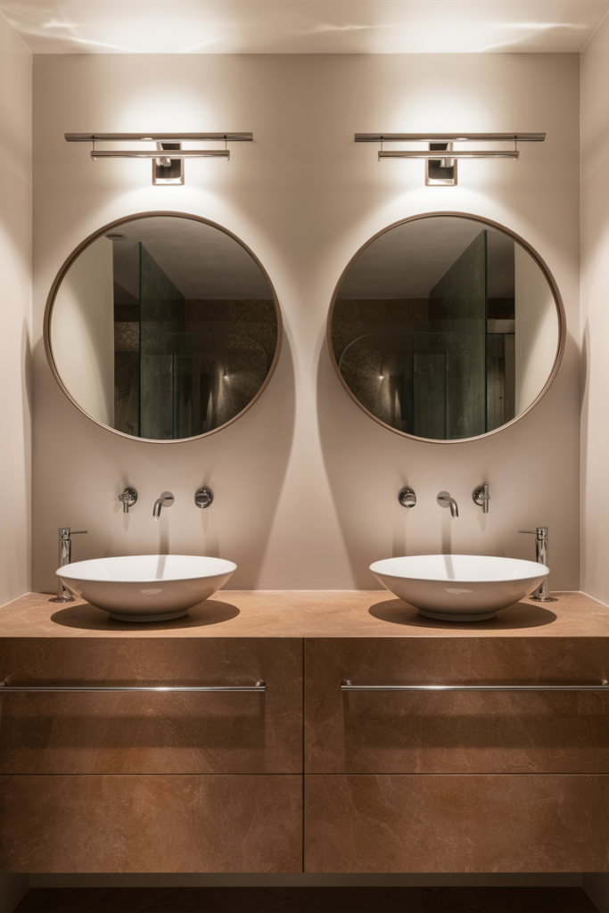 Double mirrors above a shared bathroom vanity