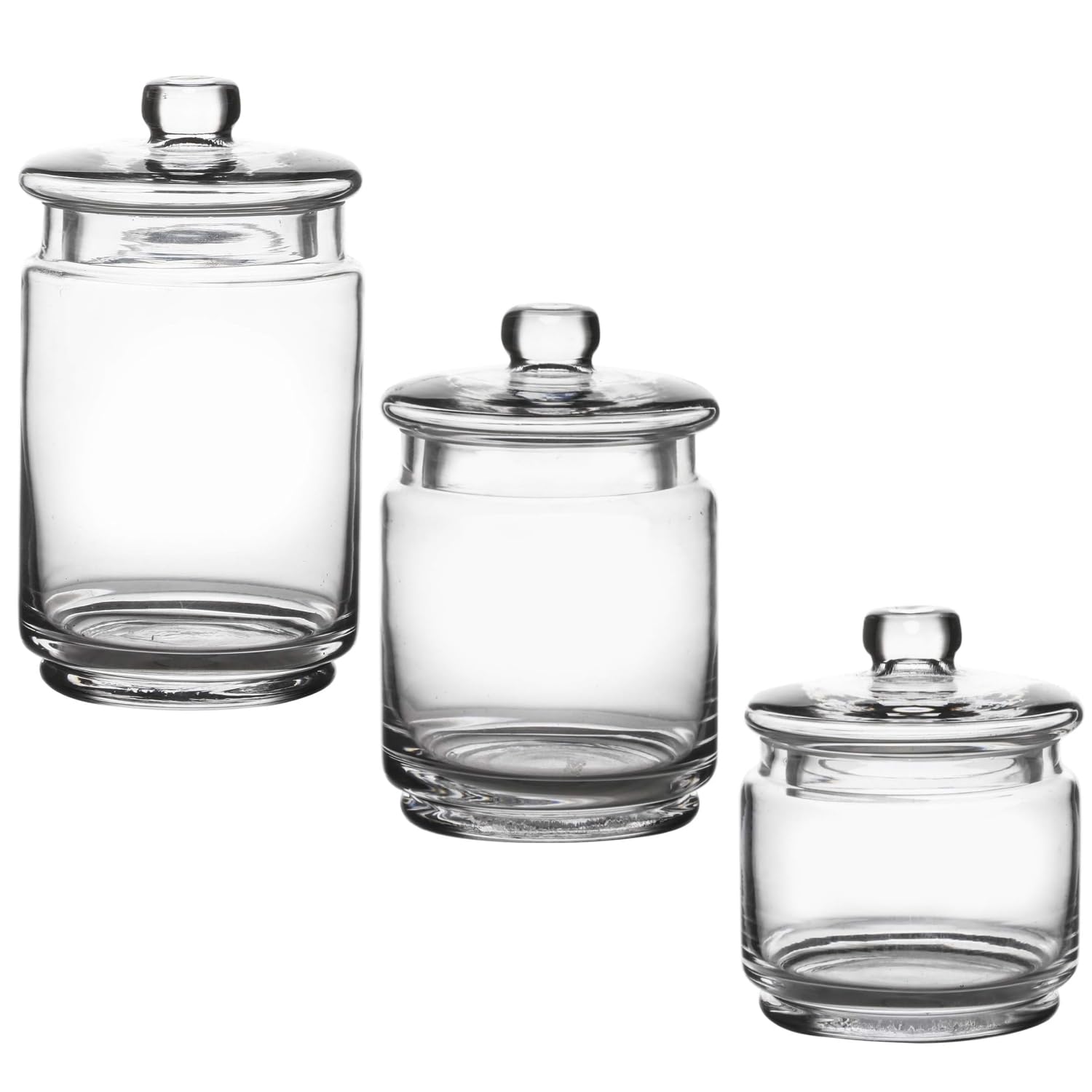 WHOLE HOUSEWARES Glass Apothecary Jars with Lids, Set of 3 for Bathroom Storage