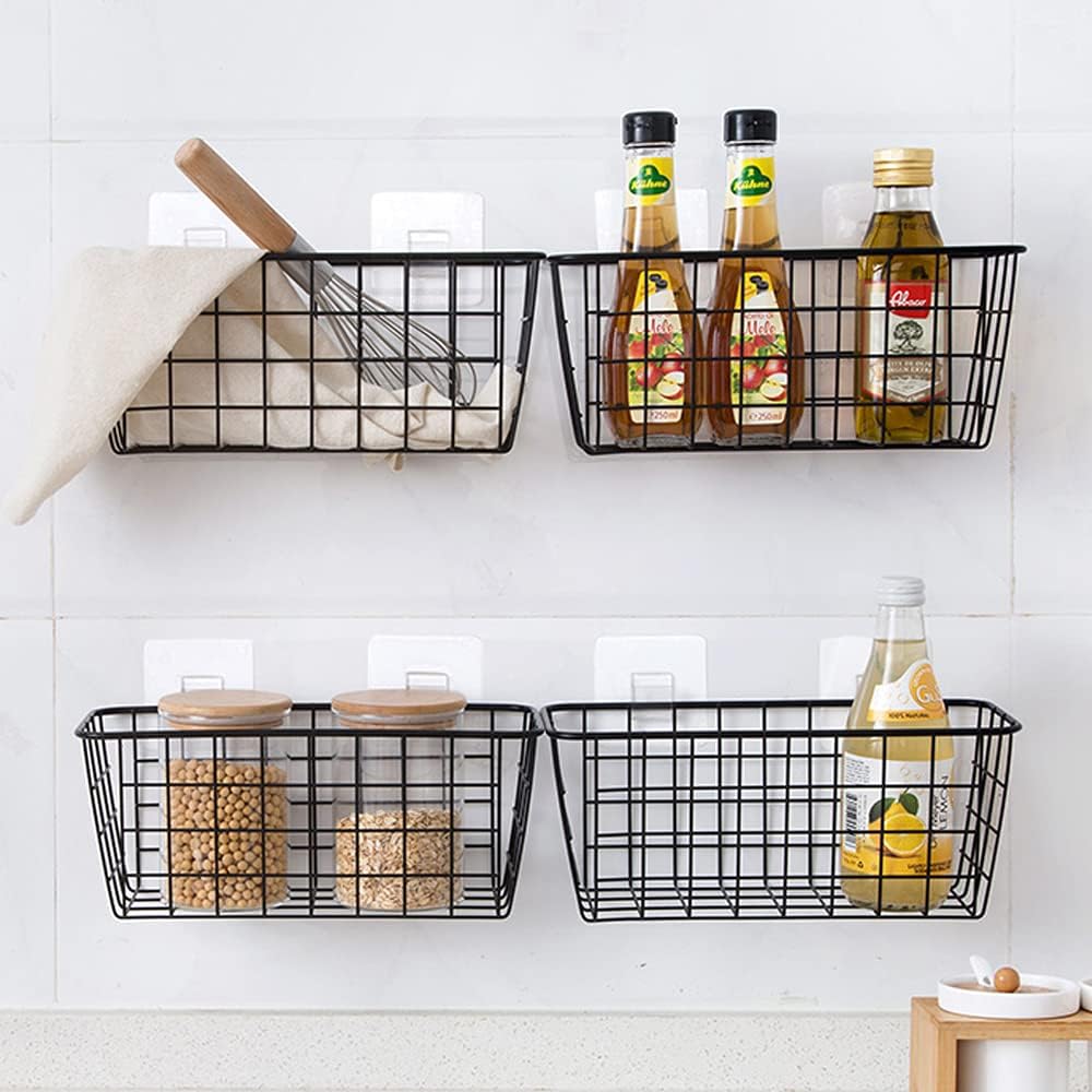 Metal Hanging Wire Basket with Hooks for Storage, Bawuie 4 Pack Wall Mount on Door