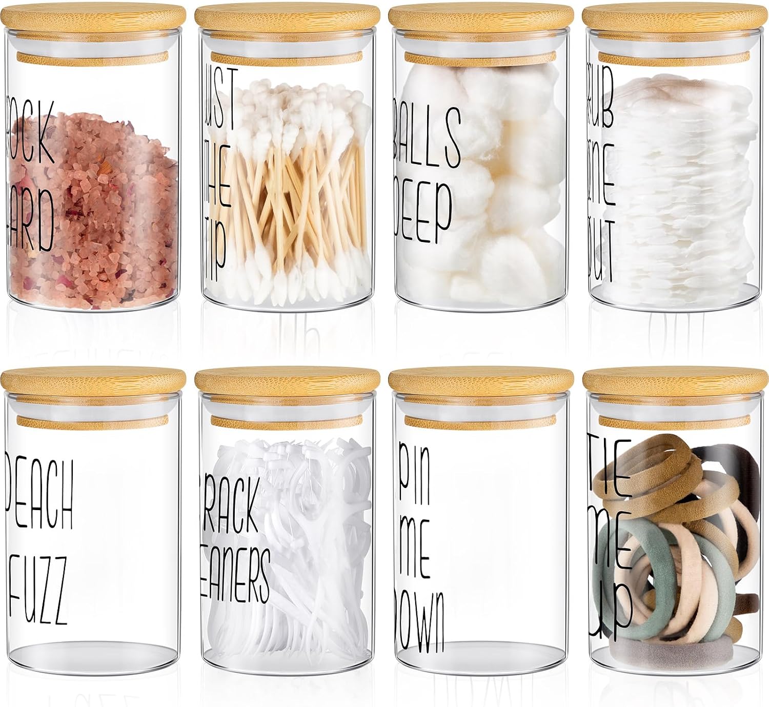 Tessco 8 Pcs Cotton Swab Holder Dispenser Glass Apothecary Jars with Bamboo Lids 10oz Clear