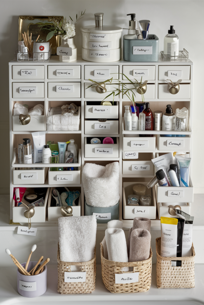 Well-organized bathroom storage solution using labeled containers