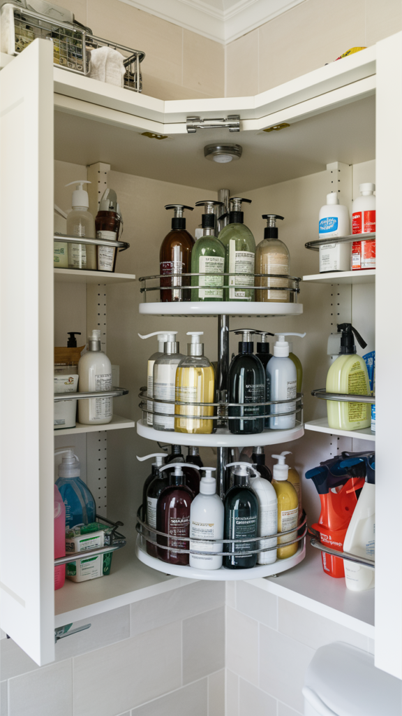 Open bathroom cabinet with a lazy Susan turntable for organization