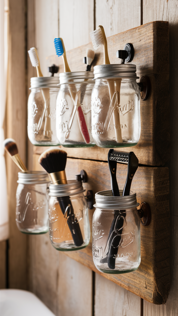 Vintage-inspired bathroom scene featuring repurposed mason jars