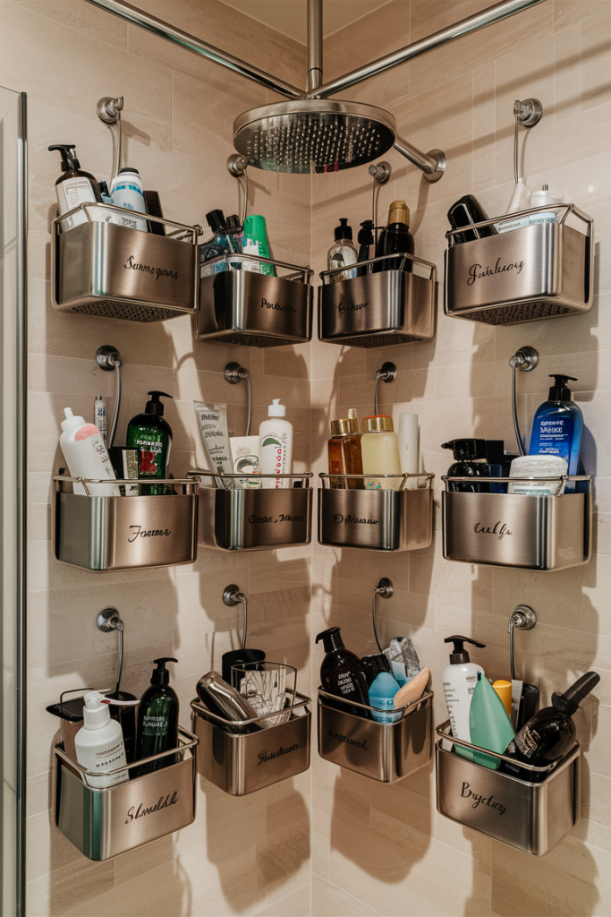 Well-organized shower caddy with neatly arranged bathroom products