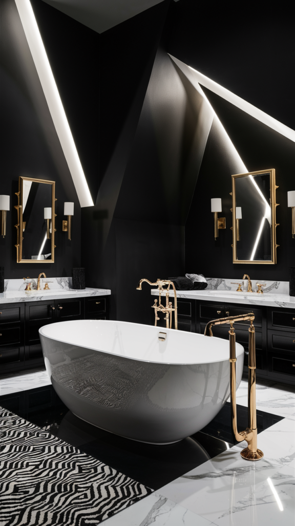 A striking modern bathroom design with black walls