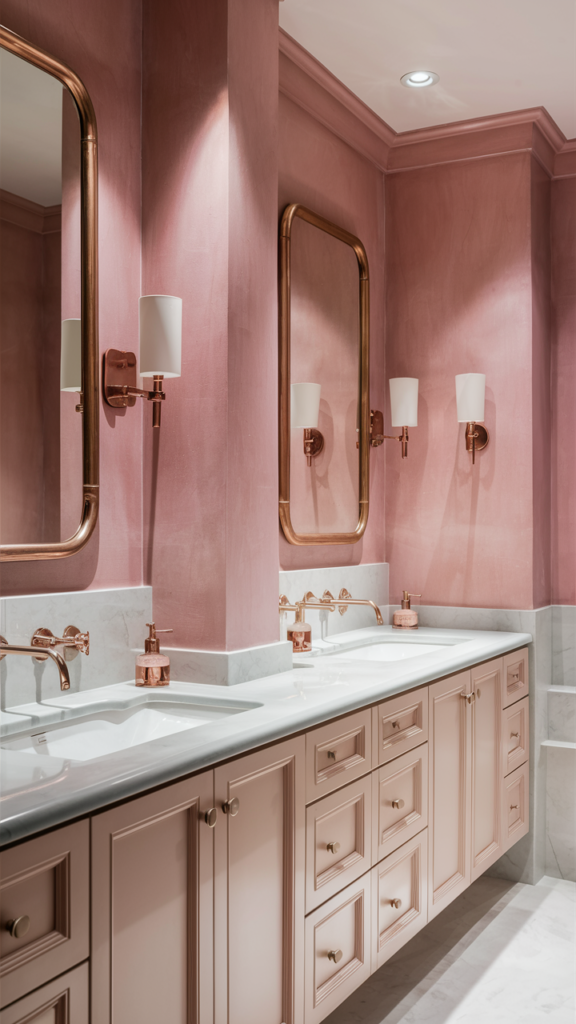 A stunningly chic bathroom design featuring blush pink tones