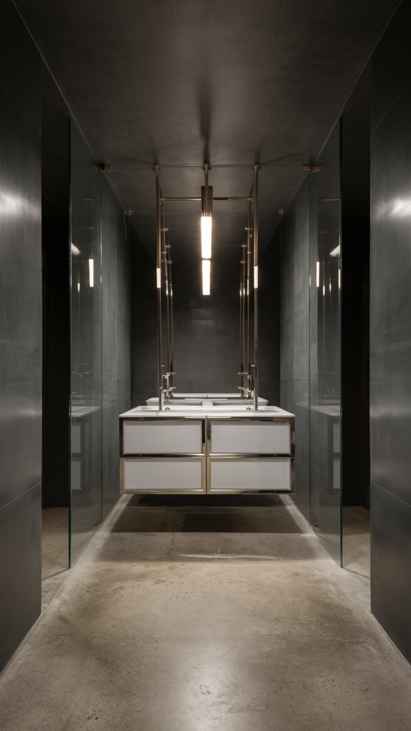 A stunning minimalist bathroom design featuring charcoal gray walls