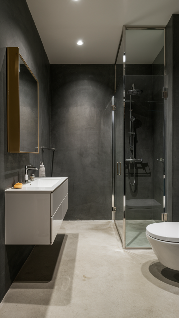 A sleek, modern bathroom with charcoal gray walls and bold contrast