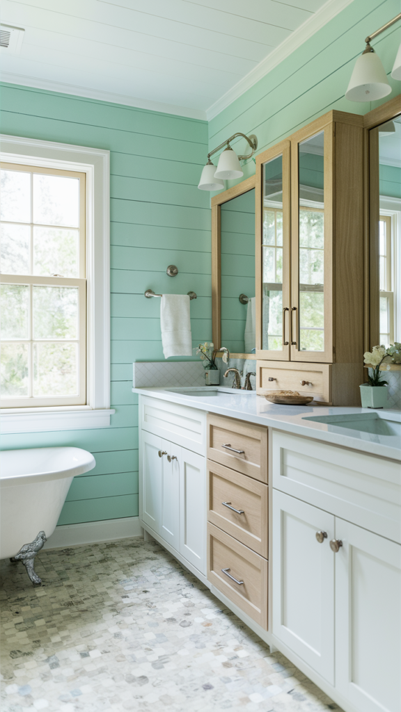 A delightful, refreshing bathroom design with mint green walls