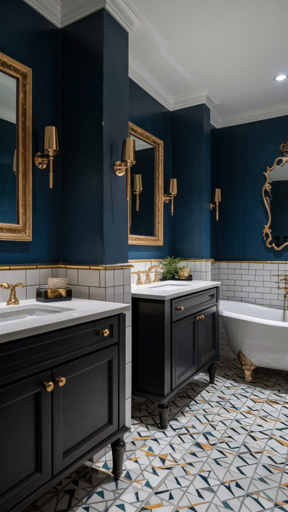 Navy blue bathroom walls paired with warm, elegant fixtures