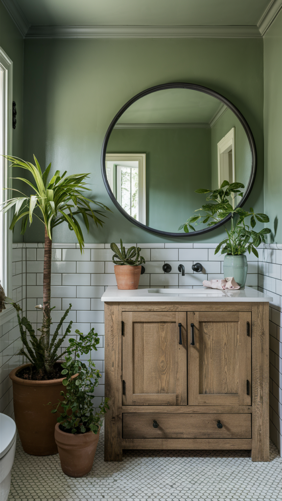 A serene, inviting bathroom space featuring sage green walls