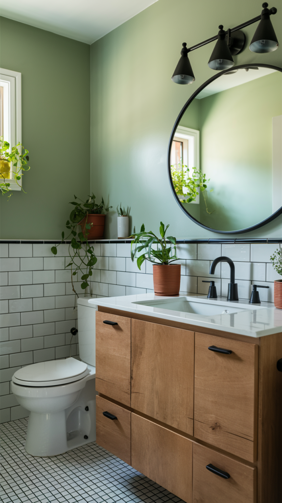 A calming bathroom with sage green walls and natural warmth