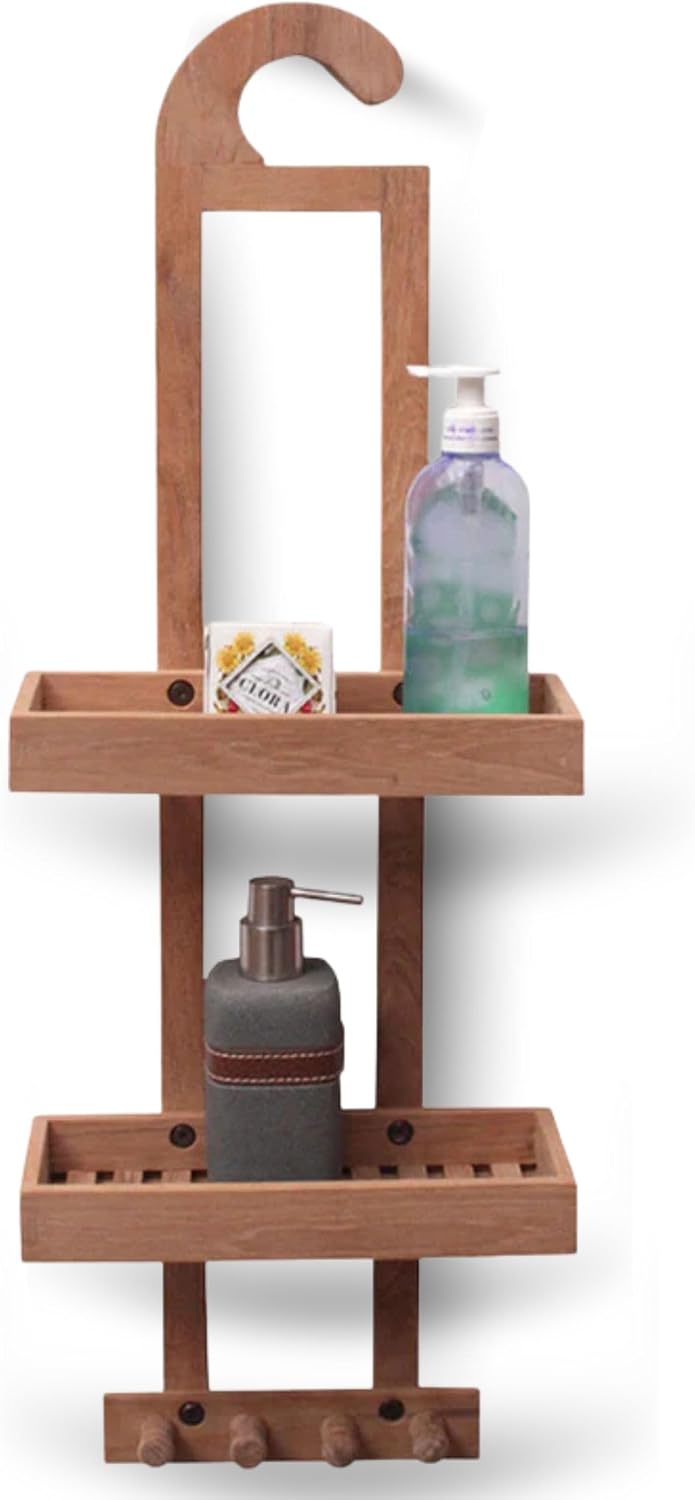NORDIC STYLE TEAK Wood Natural Hanging Shower Caddy with Storage Shelves
