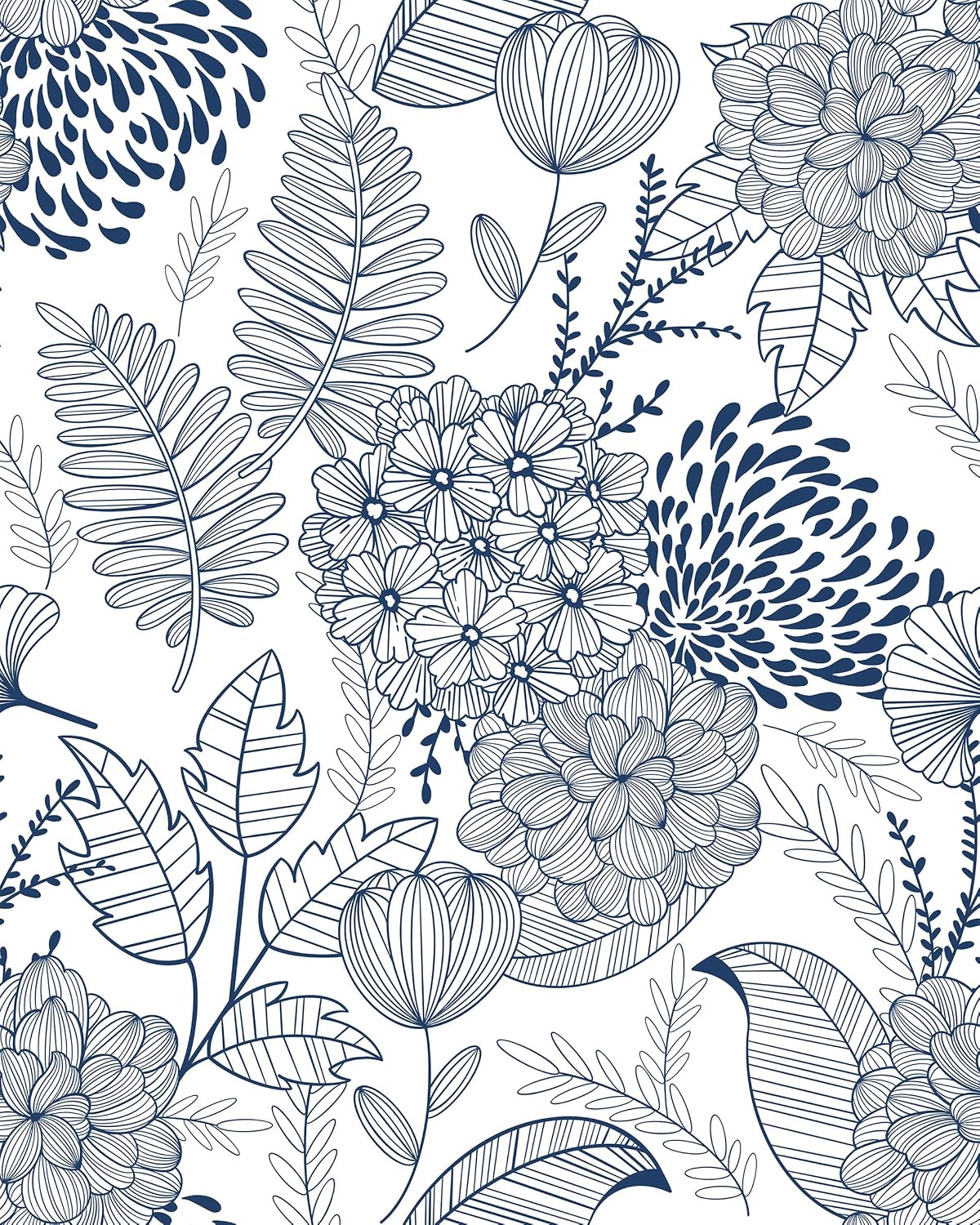 MelunMer Blue and White Peel and Stick Wallpaper Floral Leaf 17.3inW78.8inL