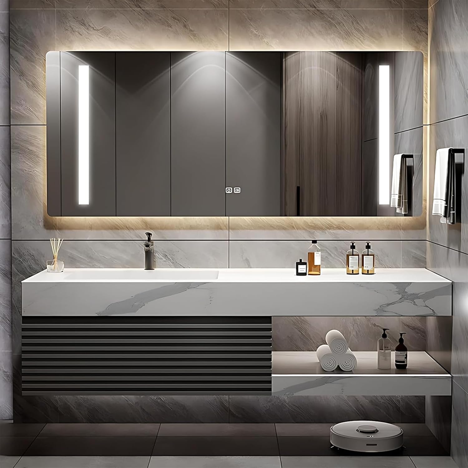 48 Inch Floating Bathroom Vanity, Single Sink, Anti-Fog LED Mirror Cabinet, Dark Gray